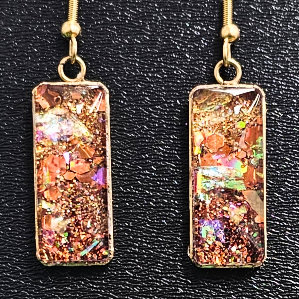 Gold Iridescent Rectangular Earrings With Modern … - image 1